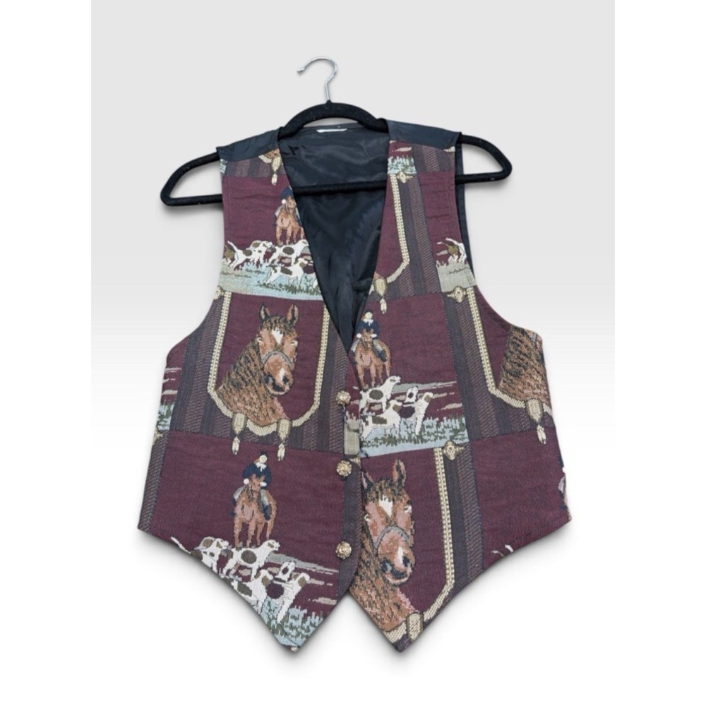 Vintage Tapestry Vest Women's M Black Horses Hunting Equestrian Country